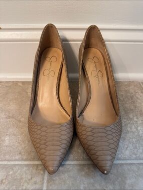 Jessica Simpson Taupe Snakeskin Pointed-Toe Pumps
